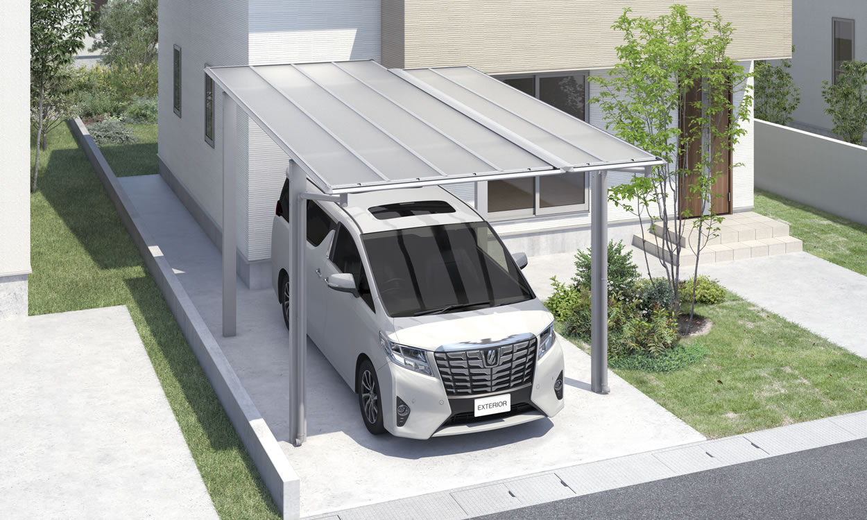 三協アルミ　カーポート　モダン　おしゃれ　エクステリア　愛知・名古屋の外構専門店パートナーホームのエクステリア　製品一覧　スカイリード　基本タイプ（異形地対応）オプション 耐積雪量20cm仕様／入隅納まり／形材屋根枠／サンシルバー（SLC）／基本タイプ／5433／H25／ポリカーボネート板（かすみ調）：かすみ（SI）。|パートナーホーム