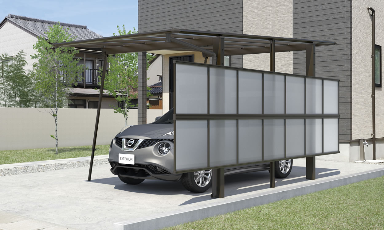 三協アルミ　カーポート　モダン　おしゃれ　エクステリア　愛知・名古屋の外構専門店パートナーホームのエクステリア　製品一覧　スカイリード　側面パネル 耐積雪量20cm仕様／形材屋根枠／ダークブロンズ（BD）／基本タイプ／5028／H23／ポリカーボネート板（かすみ調）：かすみ（SI）／オプション：側面パネル（片側2段仕様・H08+H08）・サポートセット|パートナーホーム