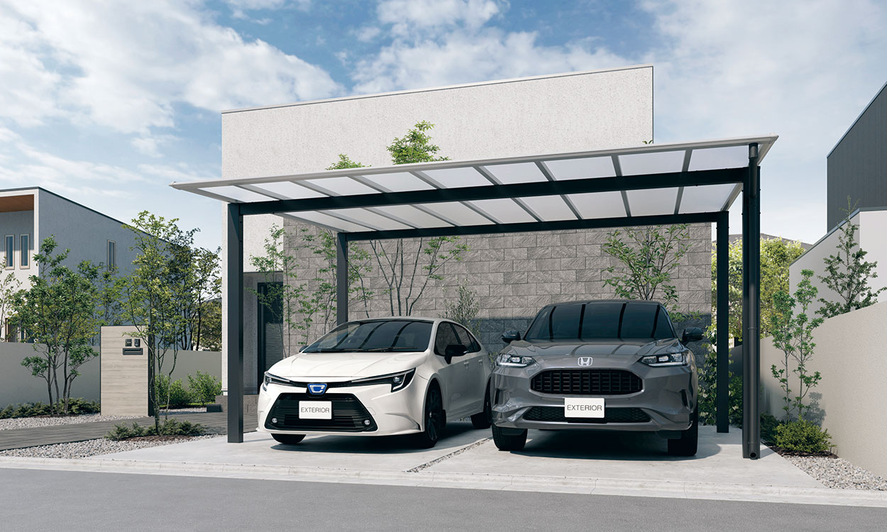 三協アルミ　カーポート　モダン　おしゃれ　エクステリア　愛知・名古屋の外構専門店パートナーホームのエクステリア　製品一覧　スカイリード　基本（2台用）タイプ 耐積雪量20cm仕様／形材屋根枠／KLC（ブラック・サンシルバー）／基本タイプ／5054／H25／ポリカーボネート板（かすみ調）：かすみ（SI）|パートナーホーム