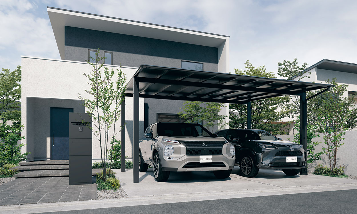 三協アルミ　カーポート　モダン　おしゃれ　エクステリア　愛知・名古屋の外構専門店パートナーホームのエクステリア　製品一覧　スカイリード　基本（2台用）タイプ 耐積雪量20cm仕様／形材屋根枠／ブラック（KC）／基本タイプ／5054／H25／ブラックポリカーボネート板：マットブラック（KP）|パートナーホーム