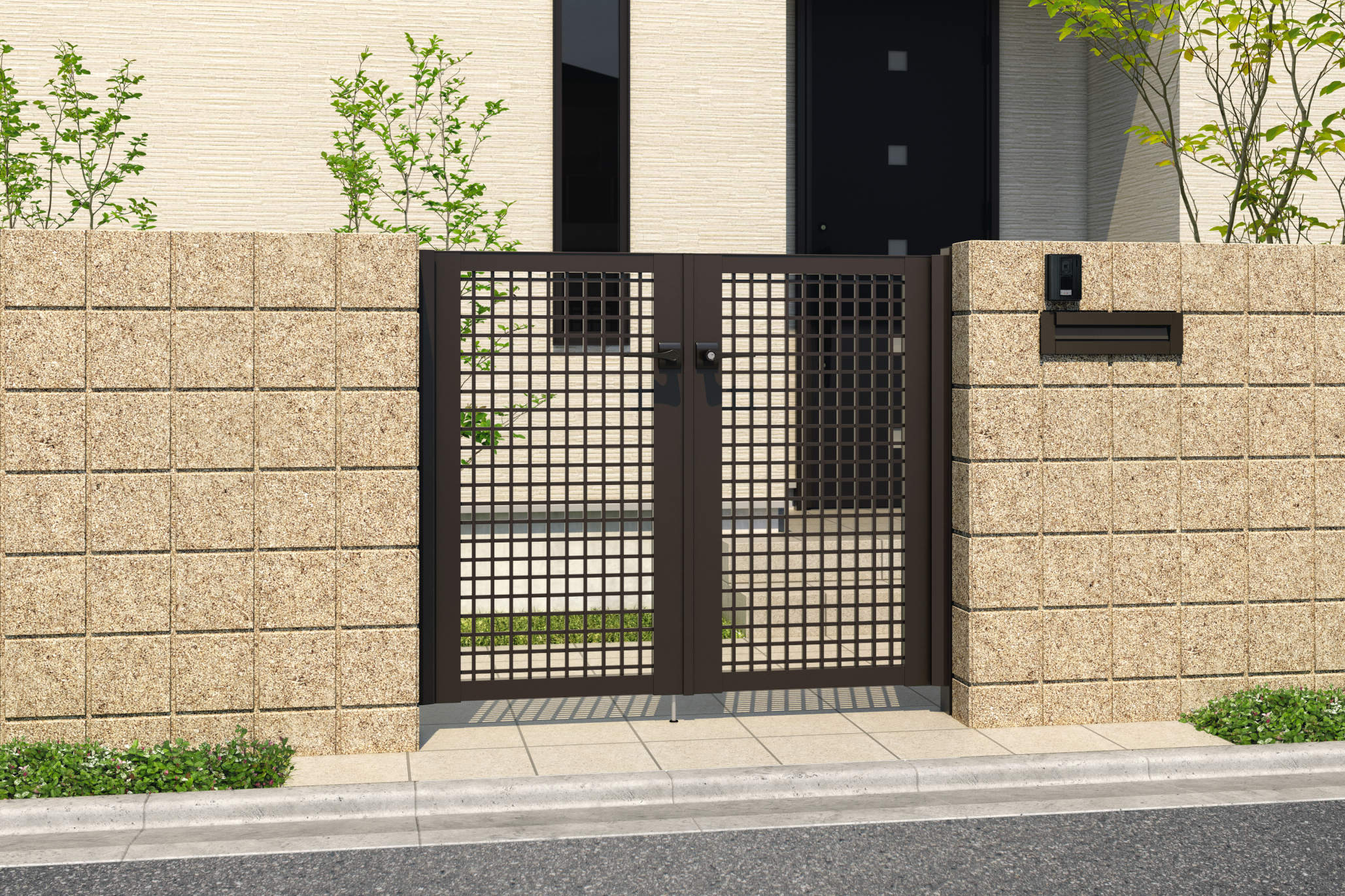 0712/すき間ガード（吊元側）/ダークブロンズ（BD）　三協アルミ　門扉　モダン　おしゃれ　エクステリア　愛知・名古屋の外構専門店パートナーホームのエクステリア　製品一覧　形材門扉　レジリア　TY型（マス格子）|パートナーホーム