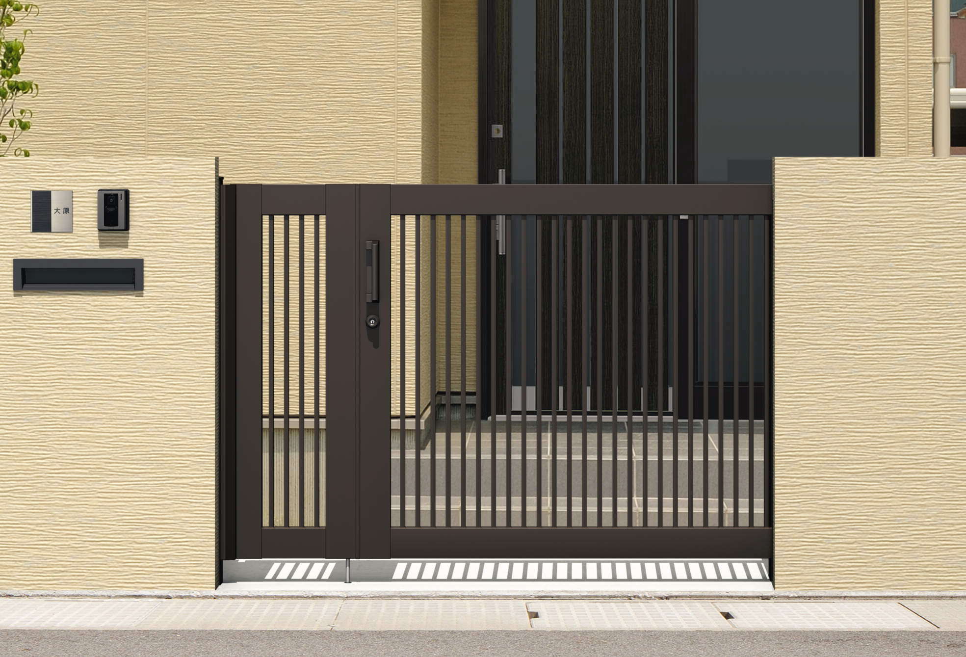 SRN-2　ダークブロンズ（BD）　袖扉付きタイプ　1712+0412/すき間ガード　三協アルミ　門まわり　モダン　おしゃれ　エクステリア　愛知・名古屋の外構専門店パートナーホームのエクステリア　製品一覧　スライド門扉　レナード　|パートナーホーム