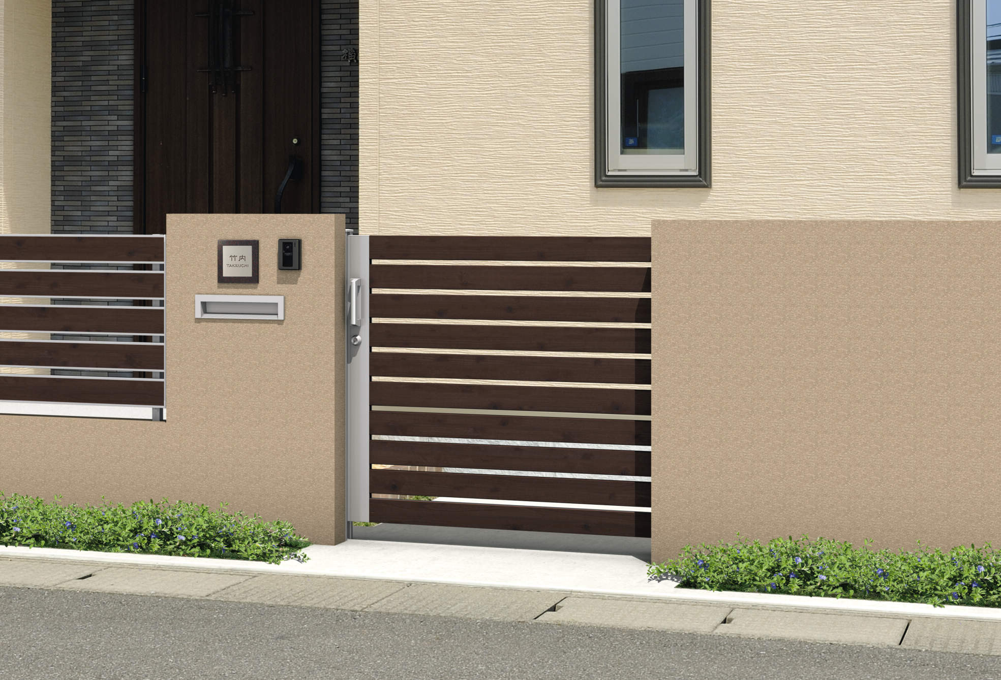 SRN-M3　トラッドオーク・サンシルバー（FAL） EG011478　三協アルミ　門まわり　モダン　おしゃれ　エクステリア　愛知・名古屋の外構専門店パートナーホームのエクステリア　製品一覧　スライド門扉　レナード　|パートナーホーム
