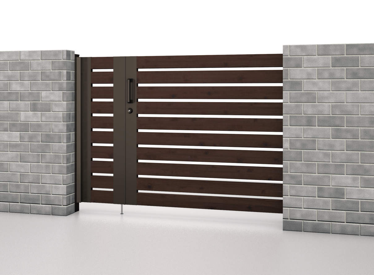 トラッドオーク・ダークブロンズ（FAC）　SRN-M3　三協アルミ　門まわり　モダン　おしゃれ　エクステリア　愛知・名古屋の外構専門店パートナーホームのエクステリア　製品一覧　スライド門扉　レナード　|パートナーホーム
