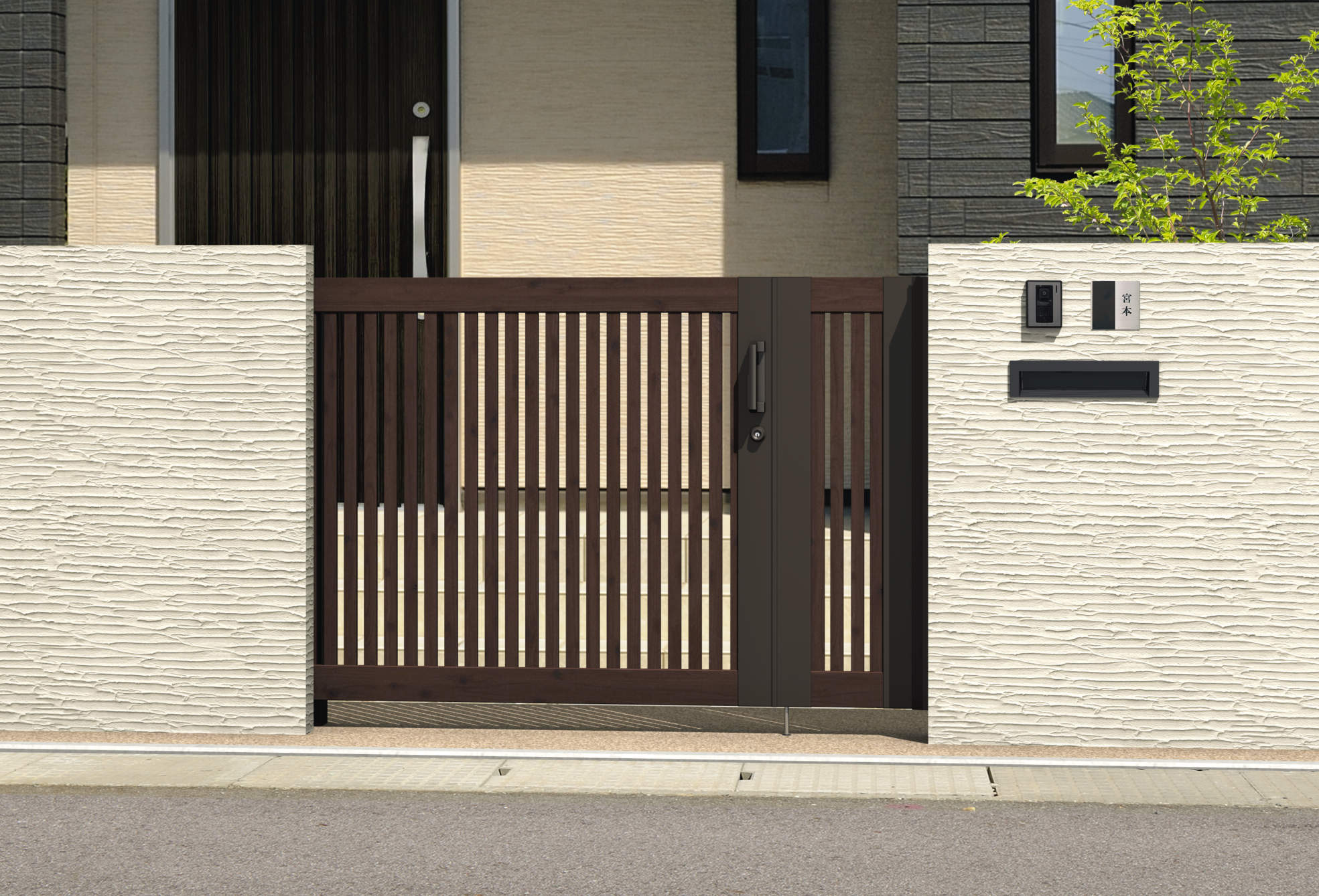 SRN-M4　トラッドオーク・ダークブロンズ（FAC）　三協アルミ　門まわり　モダン　おしゃれ　エクステリア　愛知・名古屋の外構専門店パートナーホームのエクステリア　製品一覧　スライド門扉　レナード　|パートナーホーム