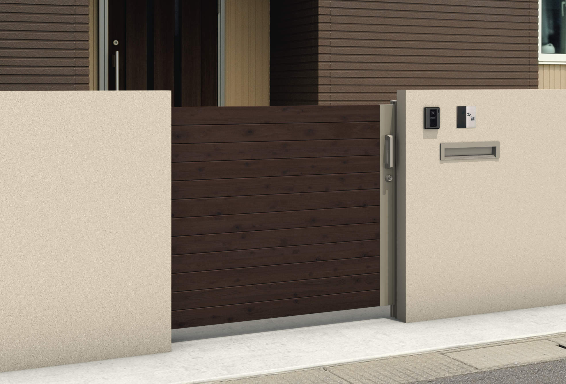 SRN-M5　トラッドオーク・アーバングレー（FAU）　三協アルミ　門まわり　モダン　おしゃれ　エクステリア　愛知・名古屋の外構専門店パートナーホームのエクステリア　製品一覧　スライド門扉　レナード　|パートナーホーム