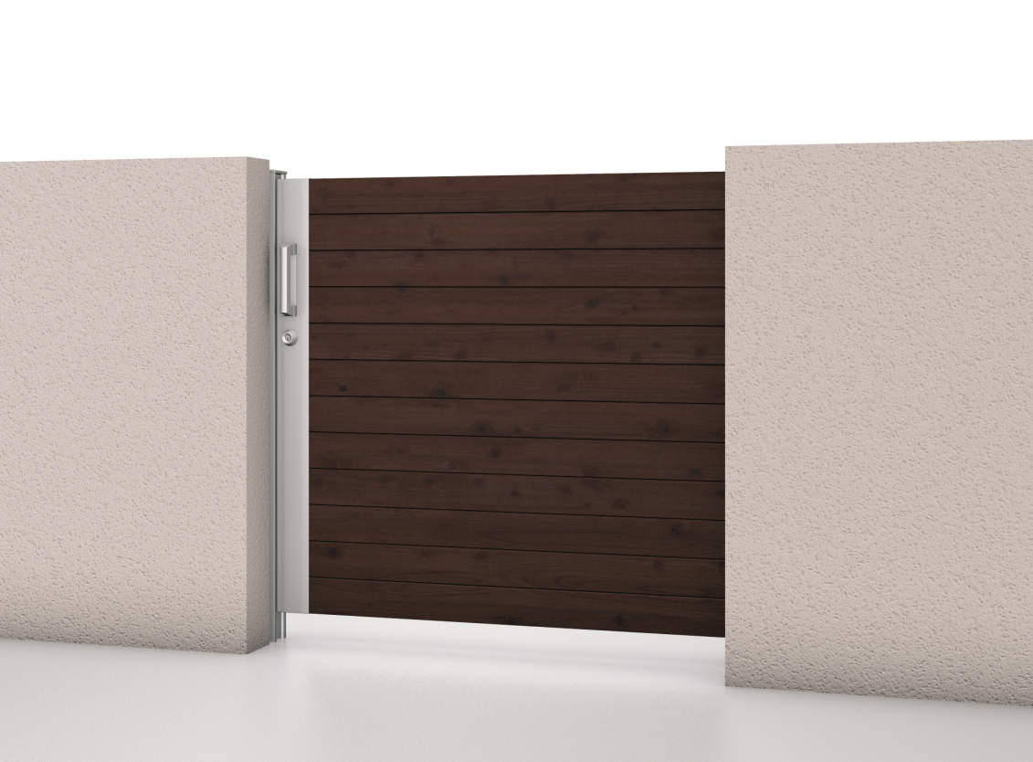 トラッドオーク・サンシルバー（FAL）　SRN-M5　三協アルミ　門まわり　モダン　おしゃれ　エクステリア　愛知・名古屋の外構専門店パートナーホームのエクステリア　製品一覧　スライド門扉　レナード　|パートナーホーム