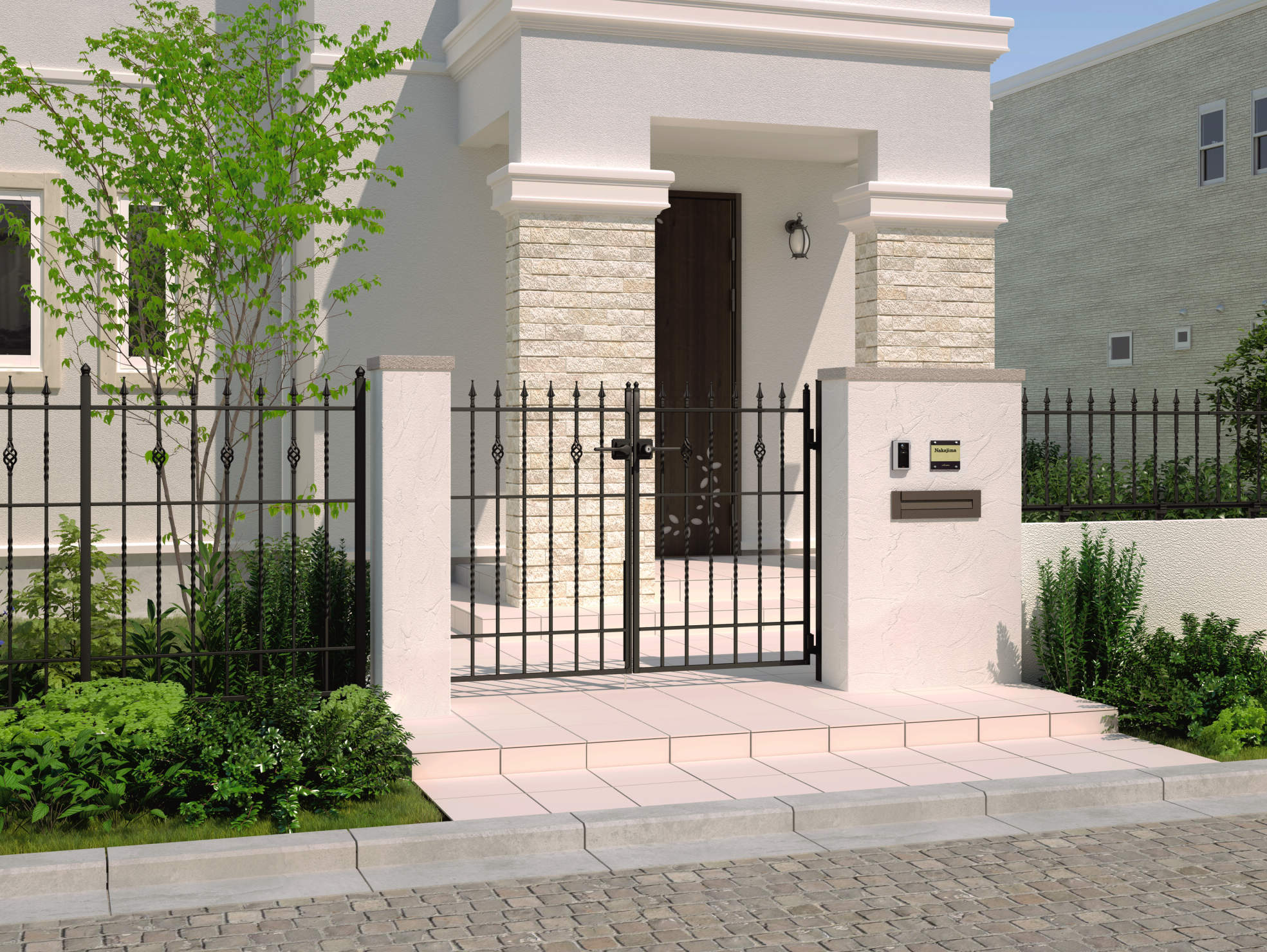 アートブラック／鋳物門扉：キャスタイル1型（0812）／鋳物フェンス：キャスタイル1型 左：間仕切り支柱タイプ（1012）・右：フリー支柱タイプ（1006）　三協アルミ　門まわり　モダン　おしゃれ　エクステリア　愛知・名古屋の外構専門店パートナーホームのエクステリア　製品一覧　鋳物門扉　キャスタイル　1型|パートナーホーム