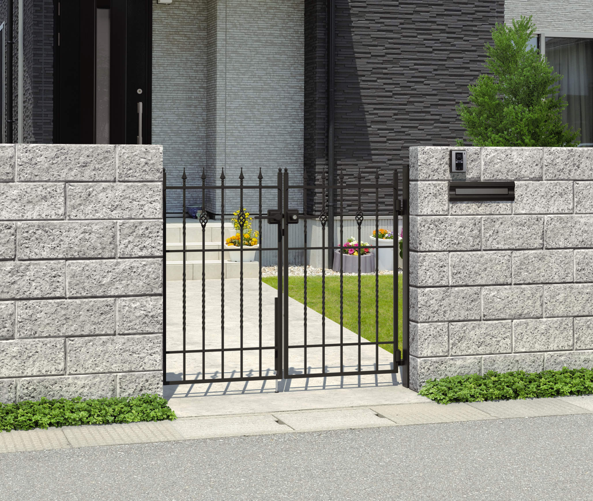 1型 アートブラック／打掛け錠／0712　三協アルミ　門まわり　モダン　おしゃれ　エクステリア　愛知・名古屋の外構専門店パートナーホームのエクステリア　製品一覧　鋳物門扉　キャスタイル　1型|パートナーホーム