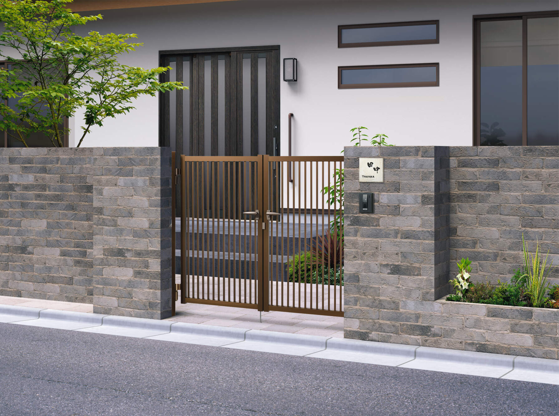 2型 ブロンズ／打掛け錠（VKｰKｰ1N）／0712／表札：TSBｰ1　三協アルミ　門扉　モダン　おしゃれ　エクステリア　愛知・名古屋の外構専門店パートナーホームのエクステリア　製品一覧　形材門扉　末広|パートナーホーム