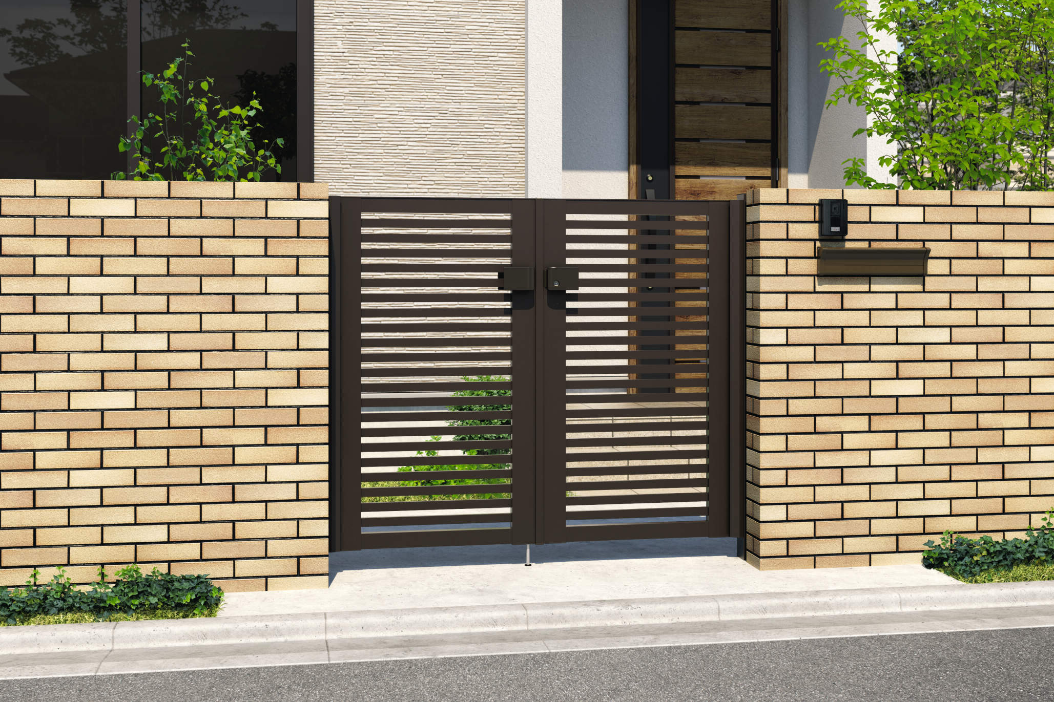 0712/すき間ガード（吊元側）/ダークブロンズ（BD）　三協アルミ　門扉　モダン　おしゃれ　エクステリア　愛知・名古屋の外構専門店パートナーホームのエクステリア　製品一覧　形材門扉　レジリア　Y2型（横太格子）|パートナーホーム