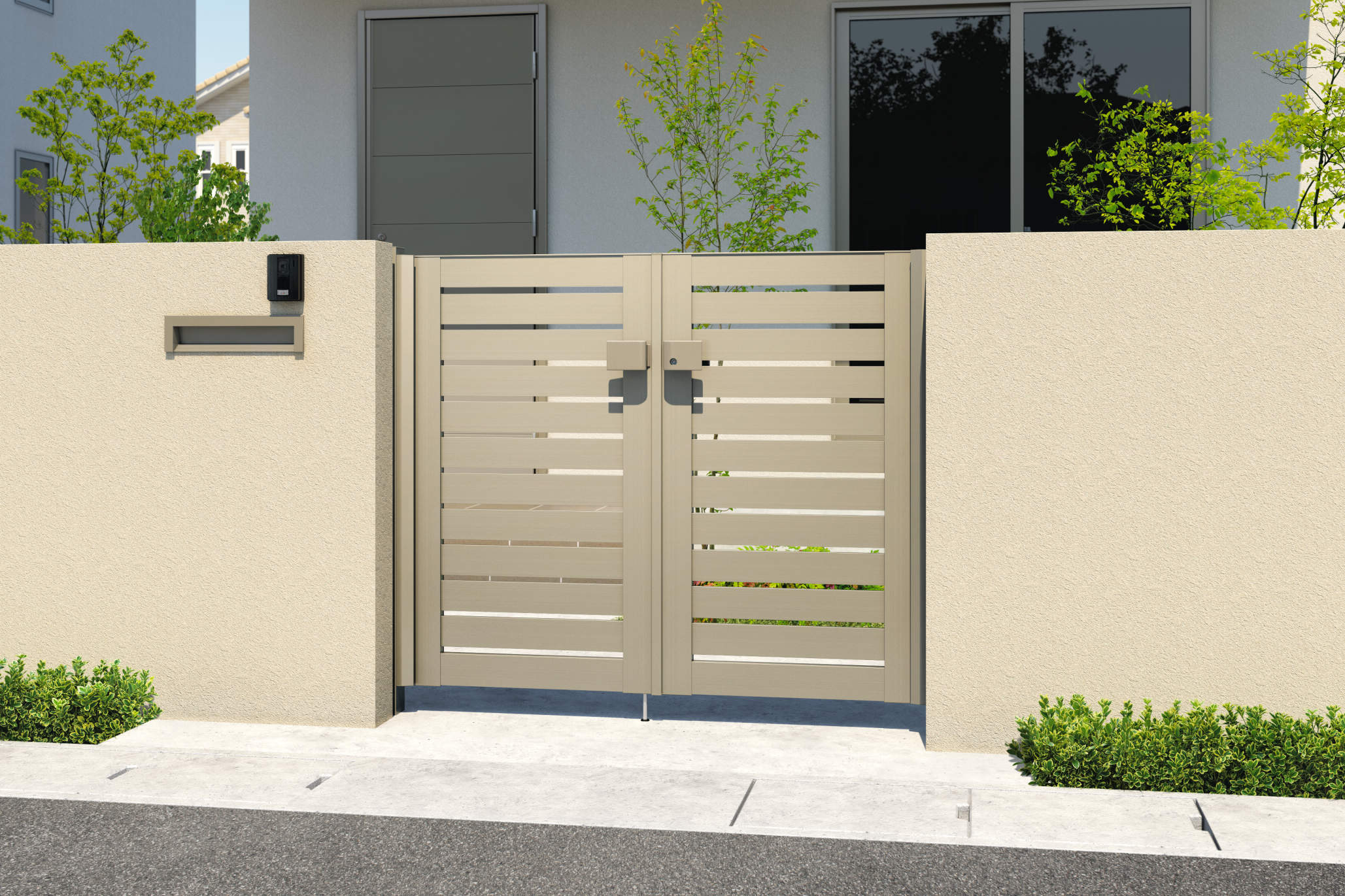 0712/すき間ガード（吊元側）/アーバングレー（UC）　三協アルミ　門扉　モダン　おしゃれ　エクステリア　愛知・名古屋の外構専門店パートナーホームのエクステリア　製品一覧　形材門扉　レジリア　Y3型（横板格子）|パートナーホーム