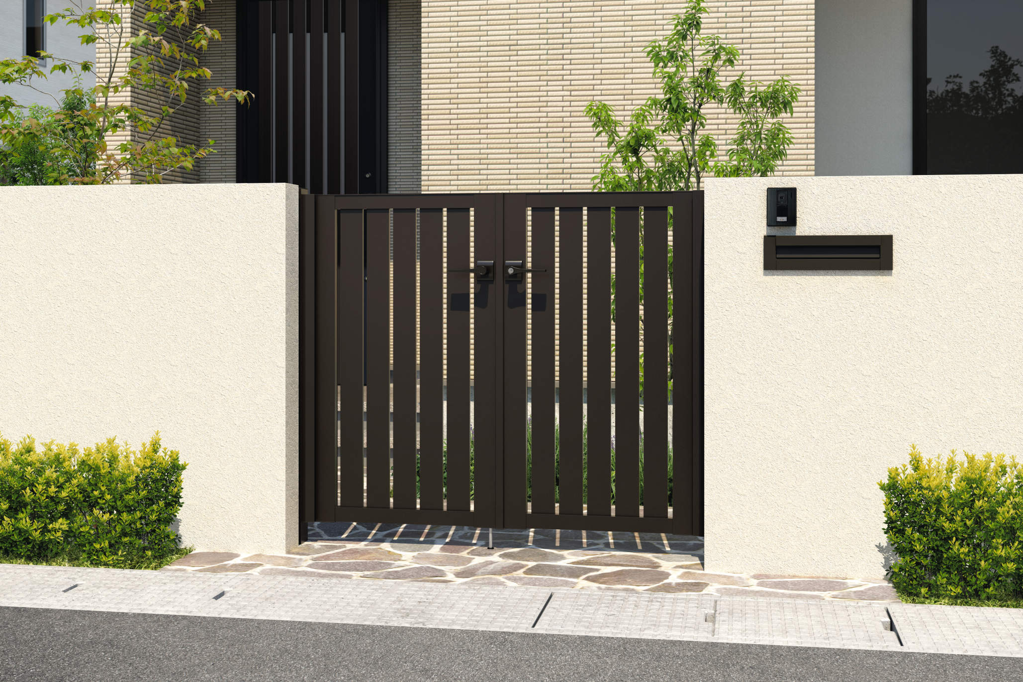 0712/すき間ガード（吊元側）/ダークブロンズ（BD）　三協アルミ　門扉　モダン　おしゃれ　エクステリア　愛知・名古屋の外構専門店パートナーホームのエクステリア　製品一覧　形材門扉　レジリア　T3型（たて板格子）|パートナーホーム