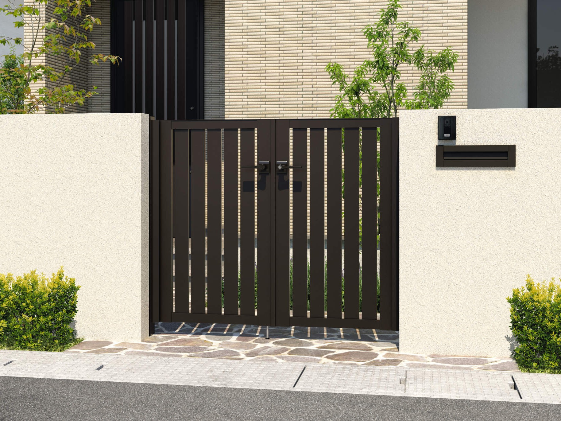 三協アルミ　レジリア　Y3型・T3型【外構エクステリア商品】|サムネイル　0712/すき間ガード（吊元側）/ダークブロンズ（BD）　三協アルミ　門扉　モダン　おしゃれ　エクステリア　愛知・名古屋の外構専門店パートナーホームのエクステリア　製品一覧　形材門扉　レジリア　T3型（たて板格子）|パートナーホーム