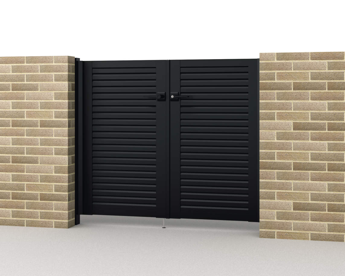 0712/すき間ガード（吊元側）/ブラック（KC）　三協アルミ　門扉　モダン　おしゃれ　エクステリア　愛知・名古屋の外構専門店パートナーホームのエクステリア　製品一覧　形材門扉　レジリア　YL型（横ルーバー）|パートナーホーム