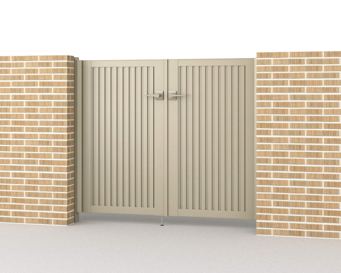 三協アルミ　門扉　モダン　おしゃれ　エクステリア　愛知・名古屋の外構専門店パートナーホームのエクステリア　製品一覧　形材門扉　レジリア　TL型（たてルーバー）0712/すき間ガード（吊元側）/アーバングレー（UC）|パートナーホーム