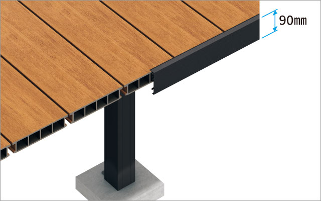 前面幕板・側面幕板 熱伸びの影響が少ないアルミ幕板。 KC（ブラック）色のみの設定となります。　アルミ幕板仕様（シャープで洗練された印象のアルミ幕板）  多彩なサイズバリエーションを設定。　三協アルミ　庭まわり　デッキ　ガーデンフロア　濡縁　モダン　おしゃれ　エクステリア　愛知・名古屋の外構専門店パートナーホームのエクステリア　製品一覧　人工木デッキ　ヴィラウッド　|パートナーホーム