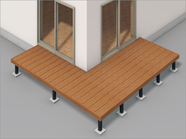 出隅納まり　三協アルミ　庭まわり　デッキ　ガーデンフロア　濡縁　モダン　おしゃれ　エクステリア　愛知・名古屋の外構専門店パートナーホームのエクステリア　製品一覧　人工木デッキ　ヴィラウッド　|パートナーホーム