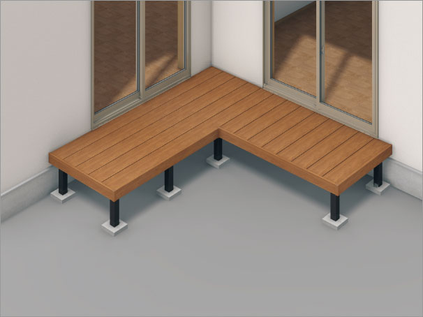 入隅納まり 　三協アルミ　庭まわり　デッキ　ガーデンフロア　濡縁　モダン　おしゃれ　エクステリア　愛知・名古屋の外構専門店パートナーホームのエクステリア　製品一覧　人工木デッキ　ヴィラウッド　|パートナーホーム