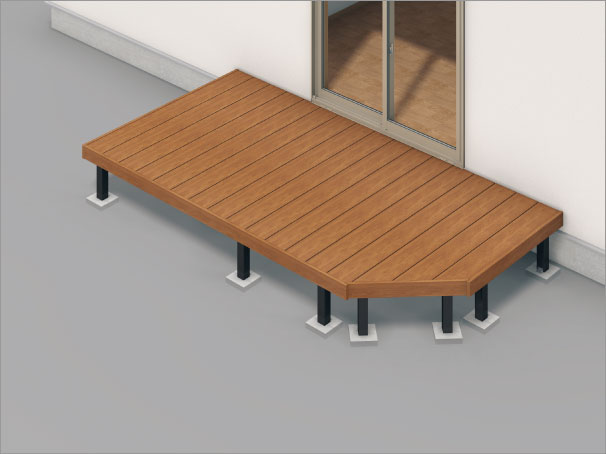 隅切り納まり　三協アルミ　庭まわり　デッキ　ガーデンフロア　濡縁　モダン　おしゃれ　エクステリア　愛知・名古屋の外構専門店パートナーホームのエクステリア　製品一覧　人工木デッキ　ヴィラウッド　|パートナーホーム