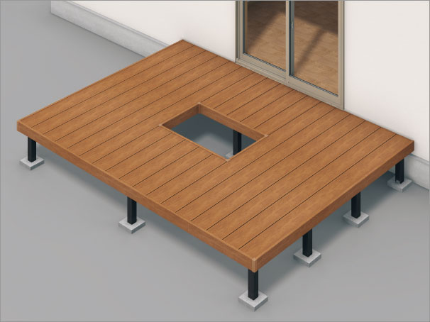 くり貫き納まり　三協アルミ　庭まわり　デッキ　ガーデンフロア　濡縁　モダン　おしゃれ　エクステリア　愛知・名古屋の外構専門店パートナーホームのエクステリア　製品一覧　人工木デッキ　ヴィラウッド　|パートナーホーム