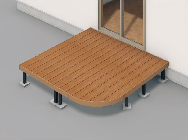 アール納まり　三協アルミ　庭まわり　デッキ　ガーデンフロア　濡縁　モダン　おしゃれ　エクステリア　愛知・名古屋の外構専門店パートナーホームのエクステリア　製品一覧　人工木デッキ　ヴィラウッド　|パートナーホーム