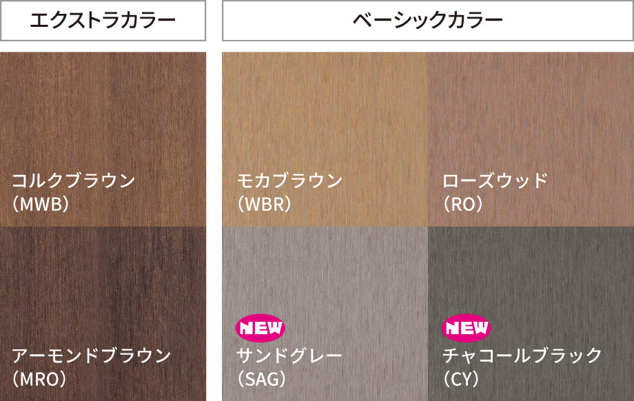 対応色 静電気の発生を抑制する、計6色の床板をラインアップ。 三協アルミ　庭まわり　デッキ　ガーデンフロア　濡縁　モダン　おしゃれ　エクステリア　愛知・名古屋の外構専門店パートナーホームのエクステリア　製品一覧　人工木デッキ　ヴィラウッド　|パートナーホーム