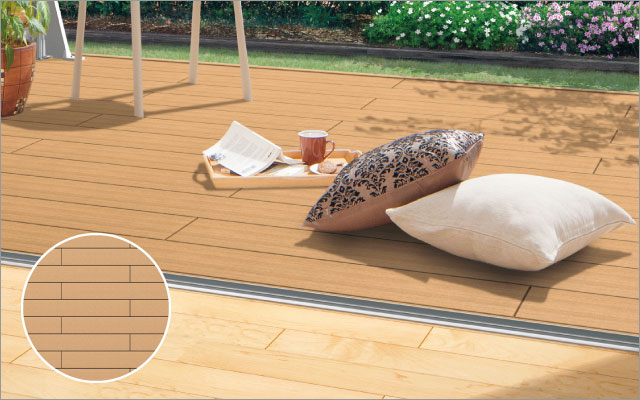 千鳥張り納まり 千鳥張り（フローリング風）に対応しました。　三協アルミ　庭まわり　デッキ　ガーデンフロア　濡縁　モダン　おしゃれ　エクステリア　愛知・名古屋の外構専門店パートナーホームのエクステリア　製品一覧　人工木デッキ　ヴィラウッド　|パートナーホーム