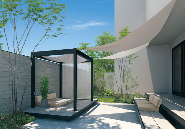 アウトドアフレーム　C-Class　三協アルミ　庭まわり　デッキ　ガーデンフロア　濡縁　モダン　おしゃれ　エクステリア　愛知・名古屋の外構専門店パートナーホームのエクステリア　製品一覧　人工木デッキ　ヴィラウッド　|パートナーホーム