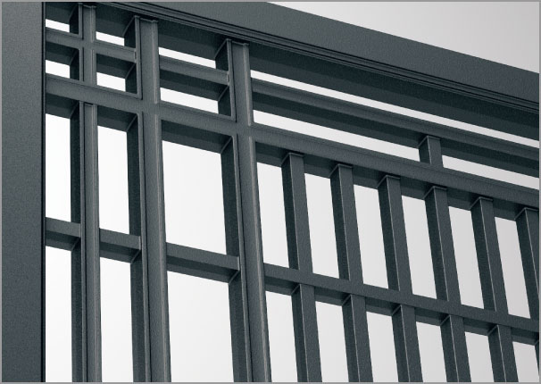 1型 造り込まれた表情が外構を引き締める、重厚な構えのたて格子意匠。　三協アルミ　門まわり　モダン　おしゃれ　エクステリア　愛知・名古屋の外構専門店パートナーホームのエクステリア　製品一覧　鋳物門扉　ジオグランテ|パートナーホーム