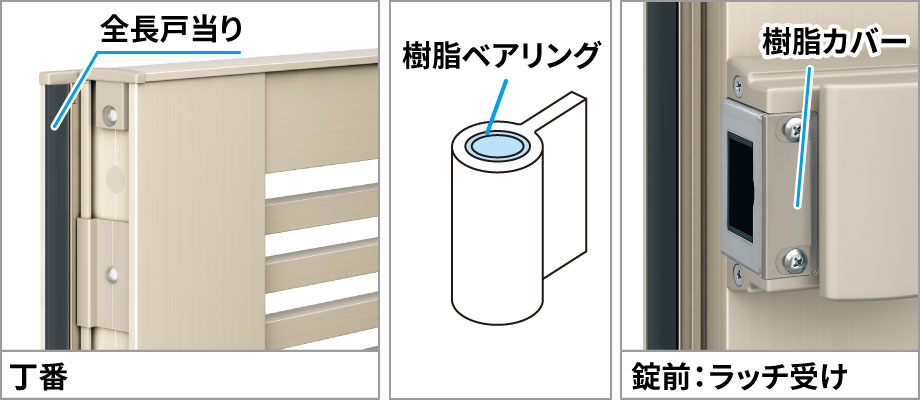 開閉時の操作音を低減 全長戸当り・制振材を使用し、さらに丁番の軸受け部に樹脂を組み合わせ扉開閉時における形材門扉特有の金属やラッチの共鳴音を低減させました。タッチ錠の場合、錠前ラッチ受け部には樹脂カバーを設け、ラッチ納まり時の接触音を低減しました。　三協アルミ　門扉　モダン　おしゃれ　エクステリア　愛知・名古屋の外構専門店パートナーホームのエクステリア　製品一覧　形材門扉　レジリア　|パートナーホーム