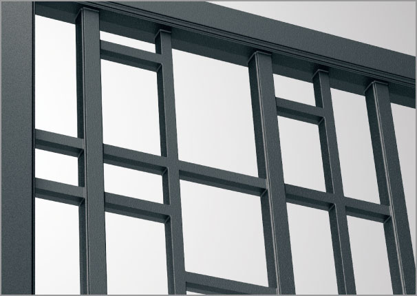 3型 線の配置、見付、奥行の差が外構にリズムを生み出すランダムスクエア柄意匠。　三協アルミ　門まわり　モダン　おしゃれ　エクステリア　愛知・名古屋の外構専門店パートナーホームのエクステリア　製品一覧　鋳物門扉　ジオグランテ|パートナーホーム