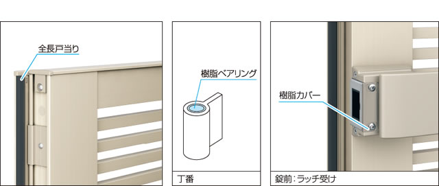 操作音を抑える設計 全長戸当り・制振材を使用し、さらに丁番の軸受け部に樹脂を組み合わせ扉開閉時における形材門扉特有の金属やラッチの共鳴音を低減させました。タッチ錠の場合、錠前ラッチ受け部には樹脂カバーを設け、ラッチ納まり時の接触音を低減しました。　三協アルミ　門扉　モダン　おしゃれ　エクステリア　愛知・名古屋の外構専門店パートナーホームのエクステリア　製品一覧　形材門扉　レジリアハイタイプ　|パートナーホーム