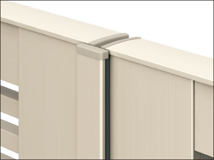 錠側すき間ガード（標準装備） 門扉のすき間を隠します。また、片開きタイプで外開き施工の場合でも装備しています。　三協アルミ　門扉　モダン　おしゃれ　エクステリア　愛知・名古屋の外構専門店パートナーホームのエクステリア　製品一覧　形材門扉　レジリア　|パートナーホーム