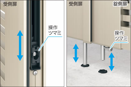 落し棒 錠側扉にも標準装備しています。 オートロック落し棒（受側扉）は、外部から落し棒を持ち上げることができないロック機能付きです。また、門扉の下面からのはみ出しのない収納タイプとなっています。なお、落し棒の操作は手動です。 落し棒（錠側扉）は、たて框下部の操作ツマミで錠側扉を閉めた状態でも落し棒の操作が可能です。なお、ロック機能はありません。 ●錠側扉の落し棒は強風時にご使用ください。　三協アルミ　門扉　モダン　おしゃれ　エクステリア　愛知・名古屋の外構専門店パートナーホームのエクステリア　製品一覧　形材門扉　レジリアハイタイプ　|パートナーホーム