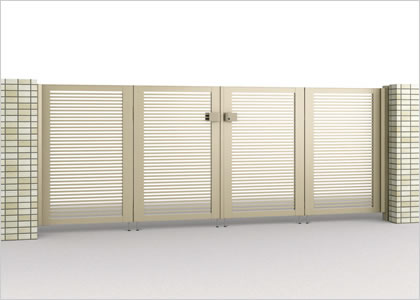 三協アルミ　門扉　モダン　おしゃれ　エクステリア　愛知・名古屋の外構専門店パートナーホームのエクステリア　製品一覧　形材門扉　レジリア　スムーズな開閉の【折り扉納まり】 折り扉の場合でもキャスターは付いていません。床仕上げにタイル張りや水勾配があってもスムーズに扉を開閉できます。|パートナーホーム