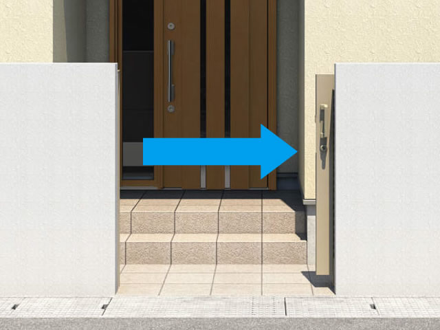 開閉がスライド式なので、アプローチ階段前や住宅密集地などにおける狭小敷地におすすめです。 道路境界からアプローチ階段までの距離が短い場合でも、門扉の開閉ができます。また、道路境界から外壁までの距離が短い場合でも、敷地を最大限に活用できます。 三協アルミ　門まわり　モダン　おしゃれ　エクステリア　愛知・名古屋の外構専門店パートナーホームのエクステリア　製品一覧　スライド門扉　レナード　|パートナーホーム