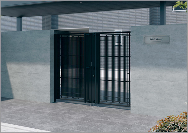 W1150タイプNEW 両開き仕様で有効幅員2,000mm以上を確保。　三協アルミ　門まわり　モダン　おしゃれ　エクステリア　愛知・名古屋の外構専門店パートナーホームのエクステリア　製品一覧　鋳物門扉　ジオグランテ|パートナーホーム