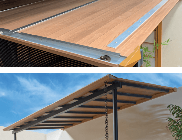 03 意匠性の 高い屋根材 屋根材に使用されているエバーアートボードは両面ラッピング仕様なので、どの角度から見てもキレイな仕上がりとなっております。タカショー　庭まわり　ガーデン　テラス　モダン　おしゃれ　エクステリア　愛知・名古屋の外構専門店パートナーホームのエクステリア　製品一覧　ポーチテラス ®　スリムスタイル　|パートナーホーム