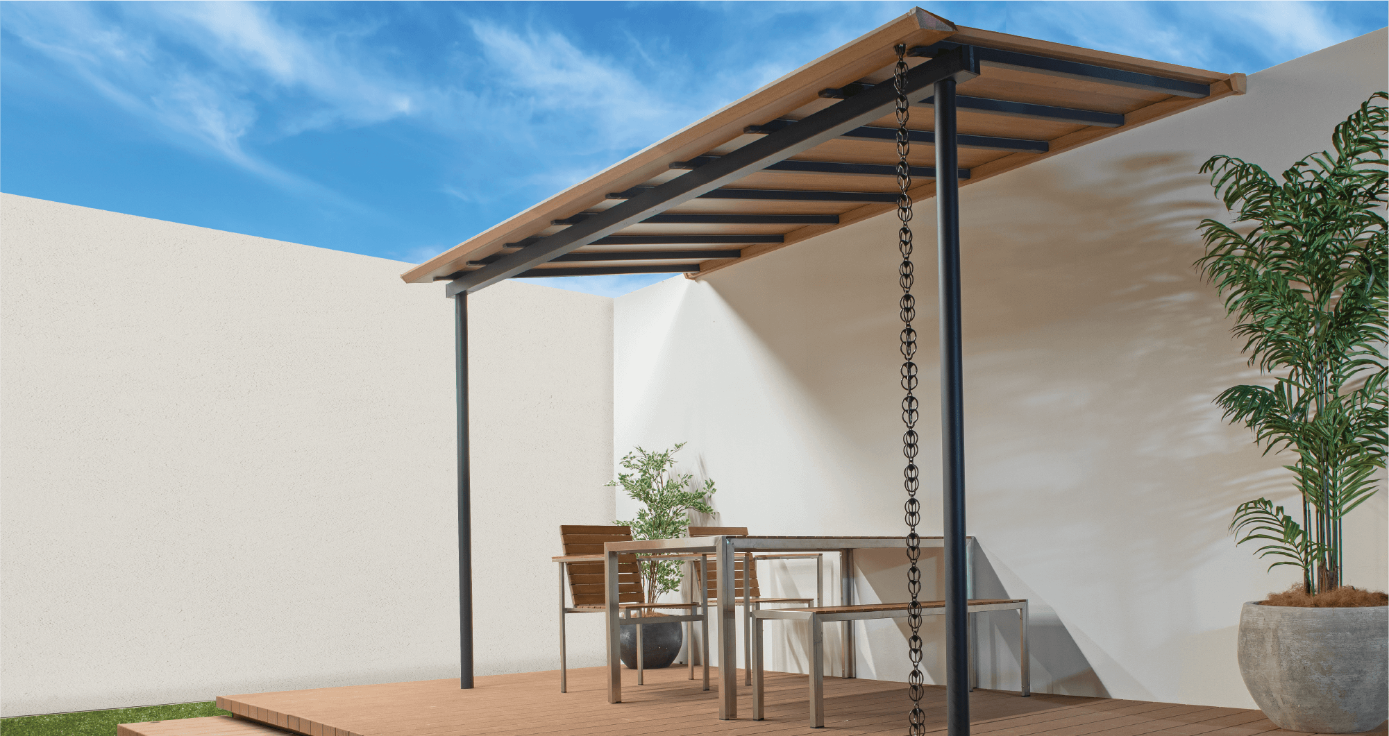 タカショー　庭まわり　ガーデン　テラス　モダン　おしゃれ　エクステリア　愛知・名古屋の外構専門店パートナーホームのエクステリア　製品一覧　ポーチテラス ®　スリムスタイル　住まいにフィットするスリムでフラットなルーフデザインのテラス|パートナーホーム