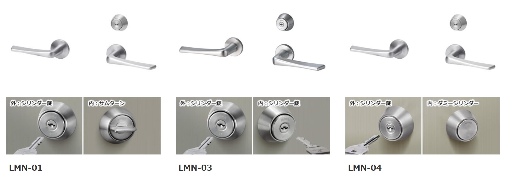 HM型（レバーハンドル錠） LMN-01 外面シリンダー錠・内面サムターン仕様 ●外側からはキーを使用し、内側からはサムターンで解錠します。 LMN-03 内外両面シリンダー錠 ●内外ともキーを使用して施解錠します。 LMN-04 自動施錠（外面シリンダー錠）仕様 ●外側のレバーハンドルは固定仕様で、扉を閉じると施錠状態になります。 ●外側からはキーを使用し、内側からはレバーハンドルで解錠します。　錠前　三協アルミ　門扉　モダン　おしゃれ　エクステリア　愛知・名古屋の外構専門店パートナーホームのエクステリア　製品一覧　形材門扉　レジリアハイタイプ　三方枠仕様　|パートナーホーム