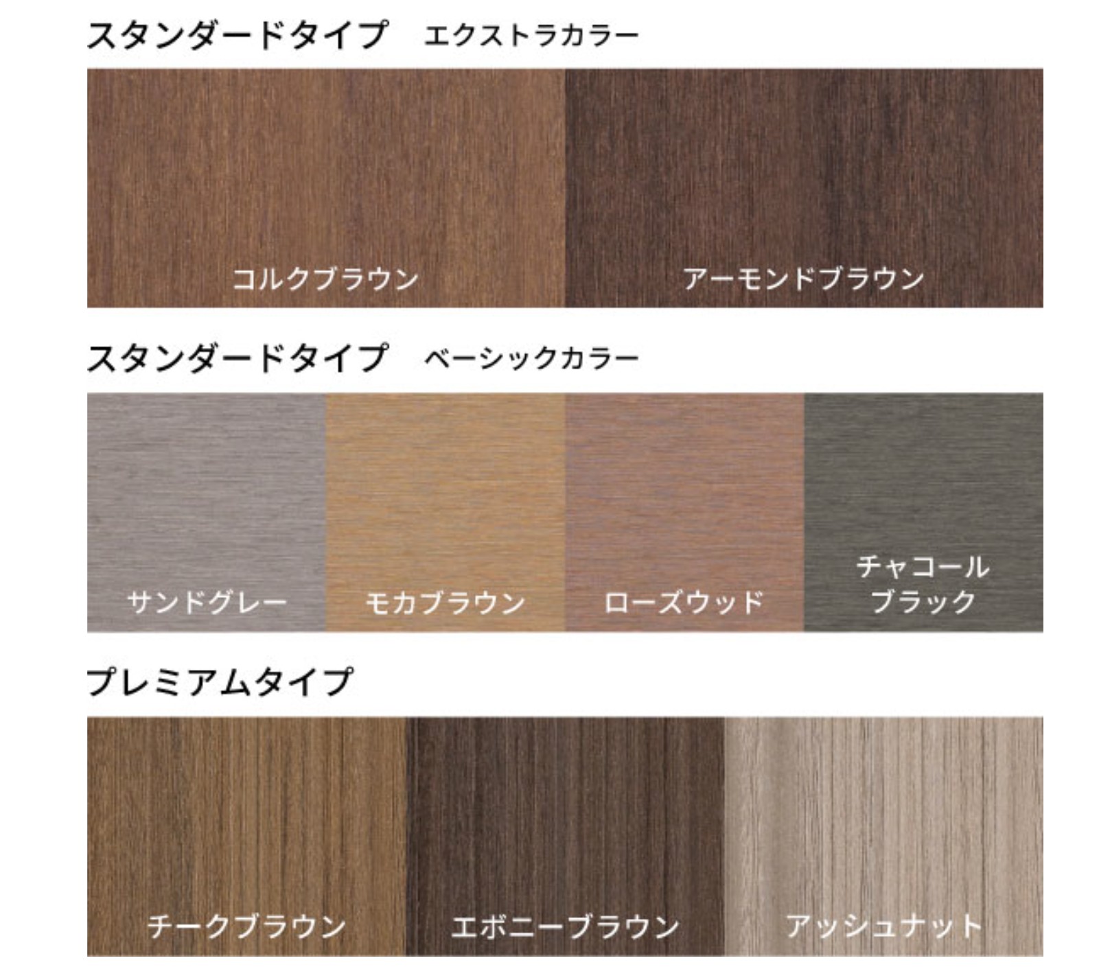 カラーバリエーション　三協アルミ　庭まわり　デッキ　ガーデンフロア　濡縁　モダン　おしゃれ　エクステリア　愛知・名古屋の外構専門店パートナーホームのエクステリア　製品一覧　人工木デッキ　ヴィラウッド　|パートナーホーム