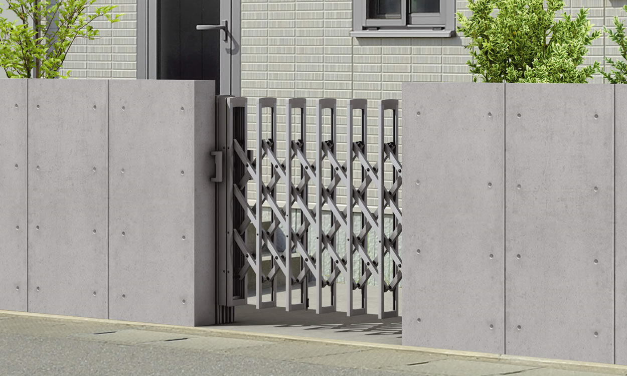 サンシルバー／12S／H12　三協アルミ　門まわり　モダン　おしゃれ　エクステリア　愛知・名古屋の外構専門店パートナーホームのエクステリア　製品一覧　伸縮門扉　エアリーナⅡ　ミニタイプ|パートナーホーム