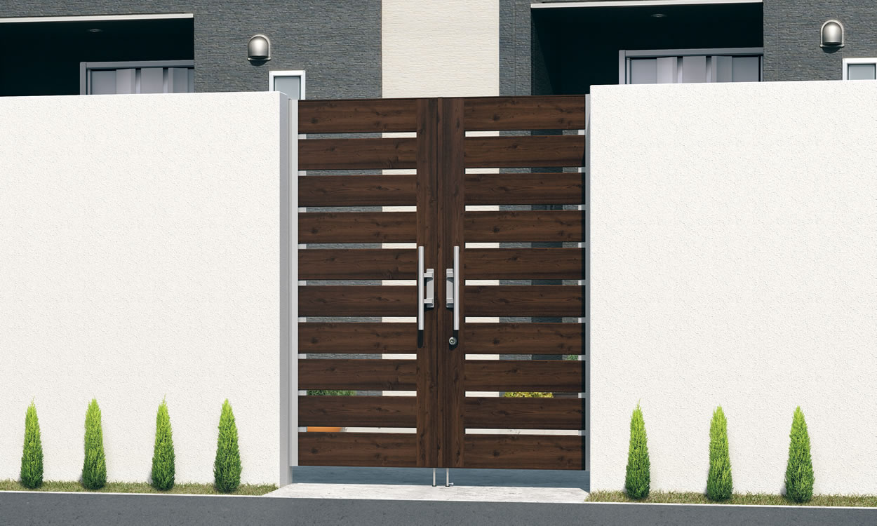 Y1H型 木調タイプ／FAL（トラッドオーク・サンシルバー）／0820／すき間ガード（吊元側）　三協アルミ　門扉　モダン　おしゃれ　エクステリア　愛知・名古屋の外構専門店パートナーホームのエクステリア　製品一覧　形材門扉　フレイナハイタイプ　|パートナーホーム