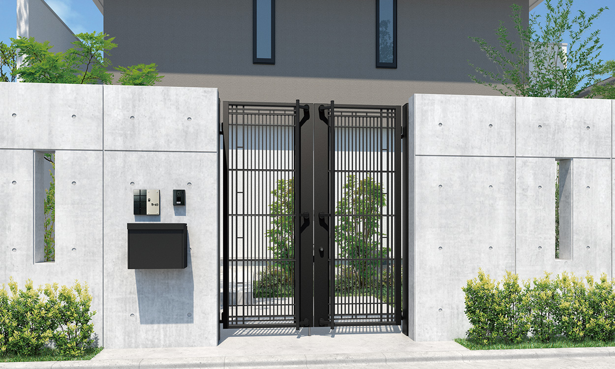 1型 アートブラック（KA）／タッチ錠（ロングバータイプ）／0820／表札：I-2／ポスト：SMA-1型（ブラック（KC））　三協アルミ　門まわり　モダン　おしゃれ　エクステリア　愛知・名古屋の外構専門店パートナーホームのエクステリア　製品一覧　鋳物門扉　ジオグランテ|パートナーホーム