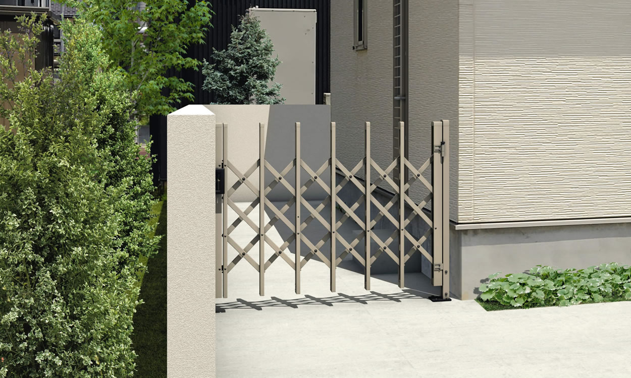 三協アルミ　門まわり　モダン　おしゃれ　エクステリア　愛知・名古屋の外構専門店パートナーホームのエクステリア　製品一覧　伸縮門扉　エアリーナⅡ　ミニタイプ　アーバングレー／14S／H12|パートナーホーム