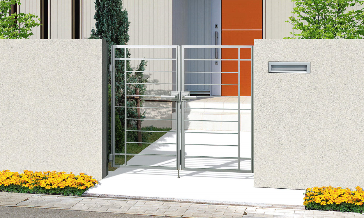 2型 シルバー／打掛け錠／0712　三協アルミ　門まわり　モダン　おしゃれ　エクステリア　愛知・名古屋の外構専門店パートナーホームのエクステリア　製品一覧　鋳物門扉　マイリッシュS|パートナーホーム