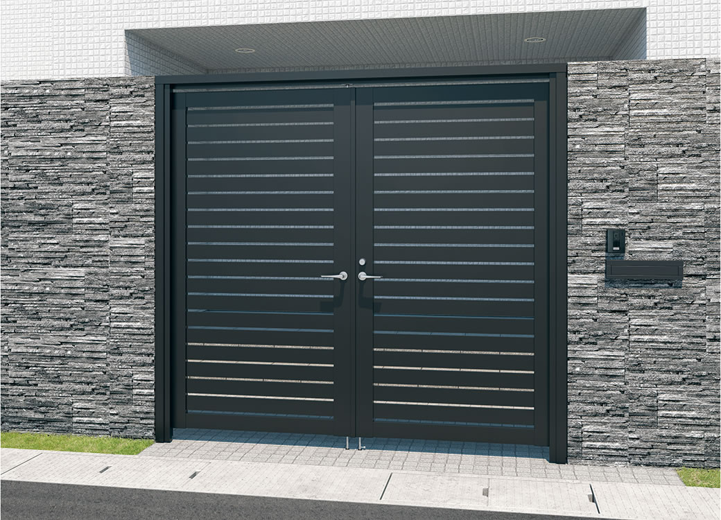 Y3HM型（横板格子） ブラック／壁付け納まり／1120　三協アルミ　門扉　モダン　おしゃれ　エクステリア　愛知・名古屋の外構専門店パートナーホームのエクステリア　製品一覧　形材門扉　レジリアハイタイプ　三方枠仕様　|パートナーホーム