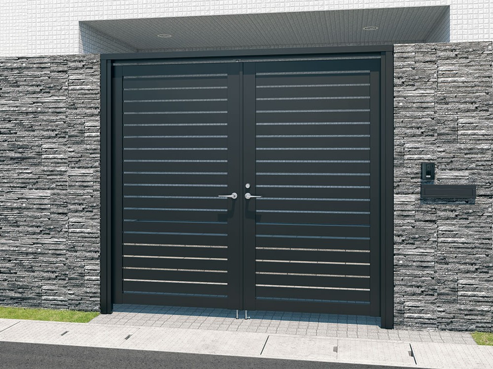 三協アルミ　レジリアハイタイプ　三方枠仕様【外構エクステリア商品】|サムネイル　Y3HM型（横板格子） ブラック／壁付け納まり／1120　　三協アルミ　門扉　モダン　おしゃれ　エクステリア　愛知・名古屋の外構専門店パートナーホームのエクステリア　製品一覧　形材門扉　レジリアハイタイプ　三方枠仕様　|パートナーホーム