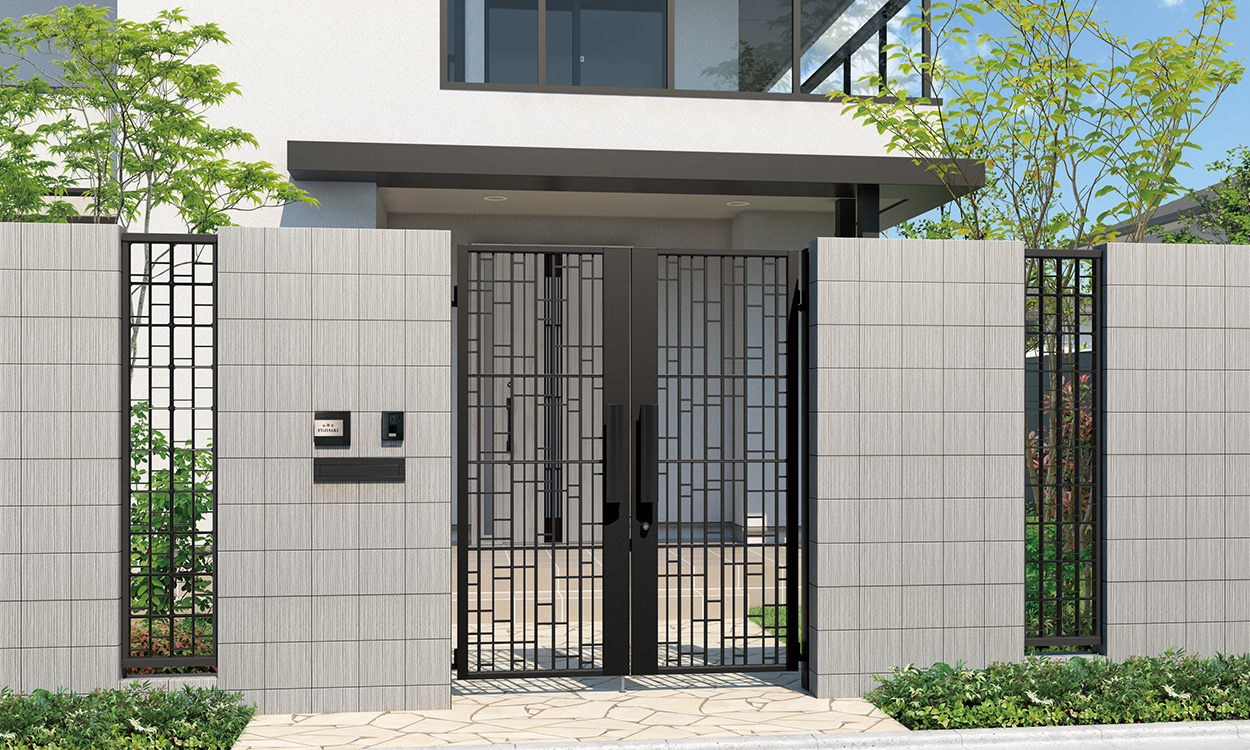 3型 アートブラック（KA）／タッチ錠（プレートタイプ）／0820／表札：Iｰ6／ポスト：SOR-2型（ブラック（MKC））　三協アルミ　門まわり　モダン　おしゃれ　エクステリア　愛知・名古屋の外構専門店パートナーホームのエクステリア　製品一覧　鋳物門扉　ジオグランテ|パートナーホーム